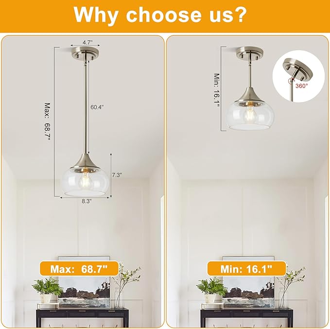 2 Pack Modern Pendant Lights Kitchen Island, Brushed Nickel Pendant Light Fixtures with 8.5" Clear Glass Shade, Industrial Hanging Pendant Lights Fixture for Kitchen Island Dining Room Entryway