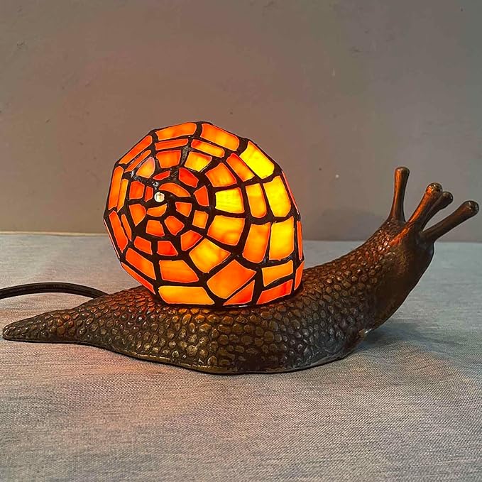 Bieye L10963 Land Snail Tiffany Style Stained Glass Accent Table Lamp for Home Decoration (Orange, 10" D x 5" W x 5" H)