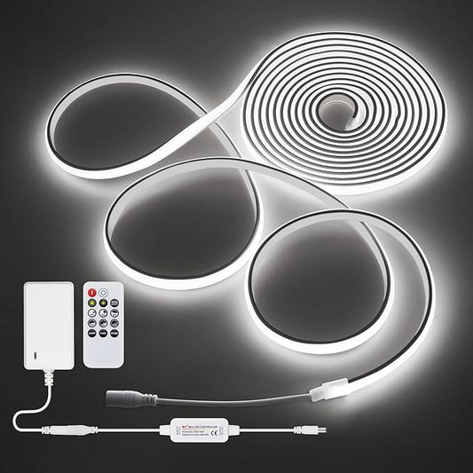 Daylight White LED Strip Lights 16.4FT 24V Waterproof COB LED Strip Kit with Remote Dimmable Flexible LED Tape Light 6000K Uniform Glow 320LEDs/M for Indoor Decor (Adapter are Included)