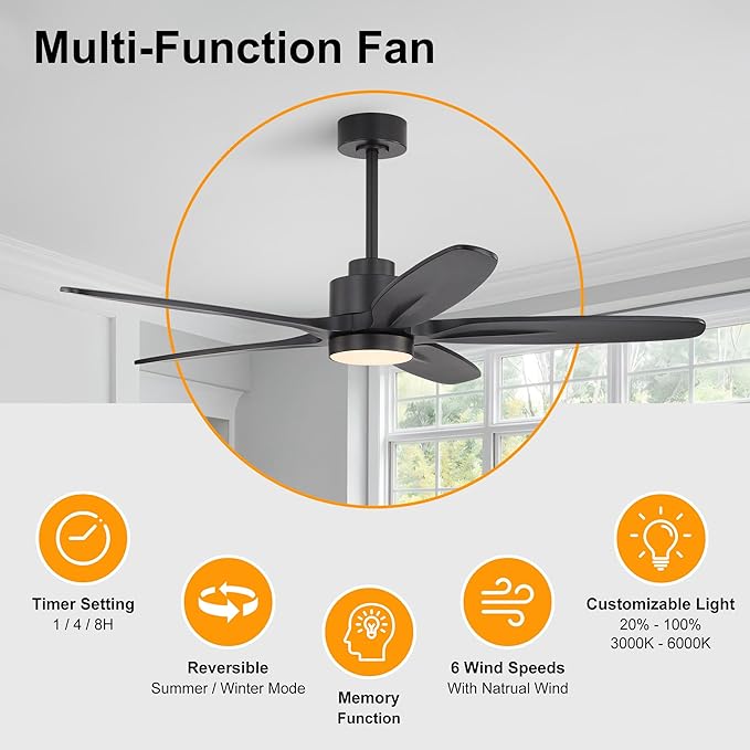 WINGBO 54" Ceiling Fan with Light - 5 Carved Solid Wood Blades, 6-Speed Reversible DC Motor, Dimmable, 3CCT, Noiseless Remote Control Ceiling Fans with Lights for Bedroom Living Room, Matte Black