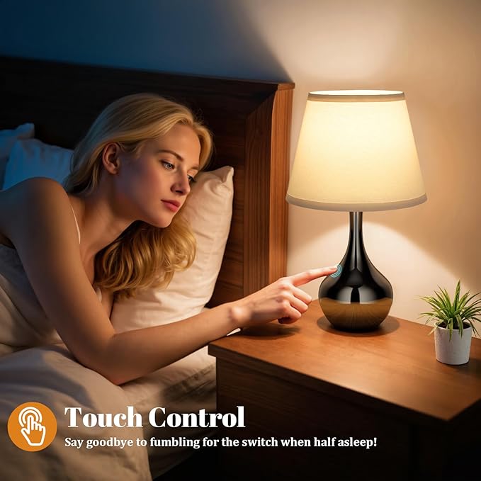Seealle Touch Table Lamp for Bedroom, 3-Way Dimmable Small Bedside Lamps for Night Stands with Wires, Pearl-Black Desk Lamp for Kids Room, Office, Living Room, End Table(LED Bulb Included)