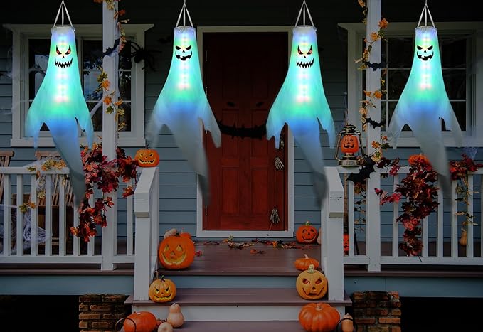 Halloween Ghost Decorations Outdoor: 2 Pcs Spooky Hanging Ghosts for Tree, Porch, Garden, Yard - Waterproof Colorful Halloween Decor With Timer