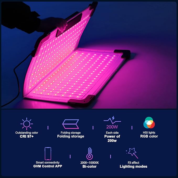 GVM 200W Flexible Led Panel Light Mat with Bluetooth Control, RGB Video Light with Softbox, 2000K-10000K Foldable Photography Light, 16 Kinds Lighting Scene, 1400pcs Led Beads, 23.62 * 23.62 inch