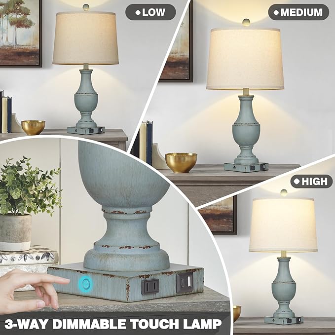 Farmhouse Table Lamps, Rustic 26" Touch Control Bedside Lamps with USB A+C Charging Ports & AC Outlet, Vintage 3-Way Dimmable Traditional Classic Nightstand Lamp for Living Room Bedroom Office Decor