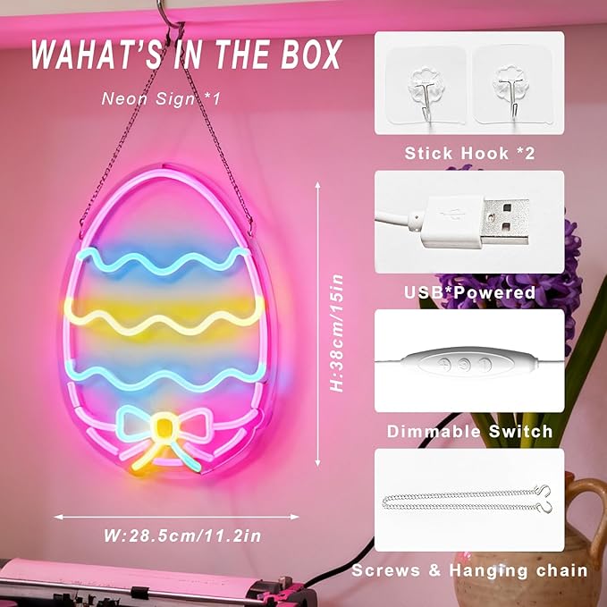 Easter Eggs Neon Sign - Multicolor Pastel LED Wall Light, USB Powered Dimmable Spring Decor with Hanging Chain - Perfect for Easter Party Decorations & Home festive Decor