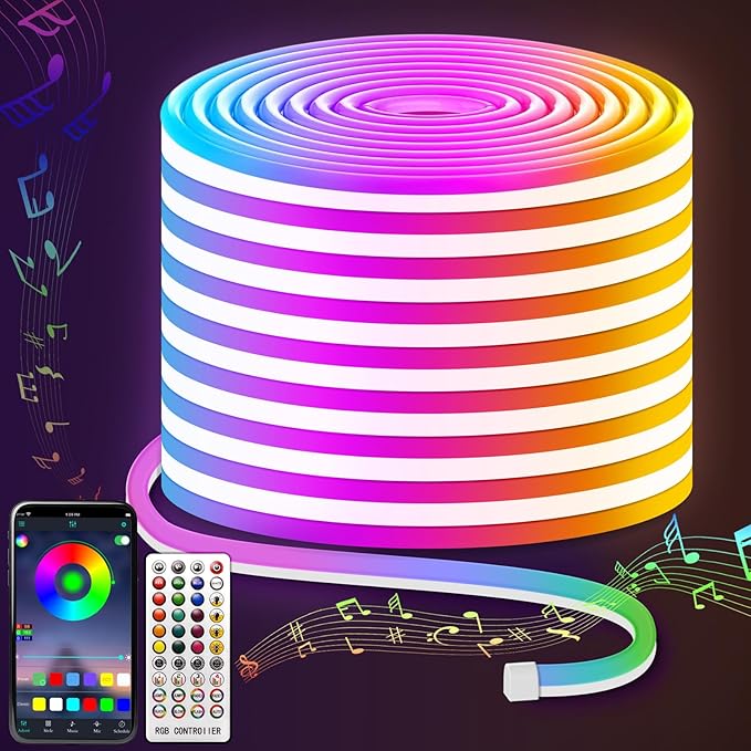 LED Neon Lights, 66FT RGB Neon Rope Lights App Control,IR Remote,Music Sync,IP67 Waterproof,Flexible DIY Design for Bedroom,Living Room,Gaming Room,Party,Outdoor,Christmas Decor(33FT*2)
