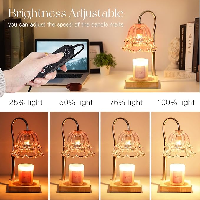 Candle Warmer Lamp with Timer: Pink Flower Candle Warming Lamp with 2 Bulbs Height Adjustable Wax Warmer Dimmable Bedroom Mothers Day Decor Gift for Women