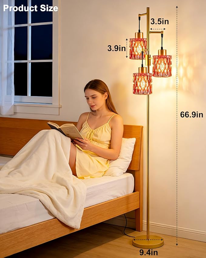 Lightdot 67" 3-Light Glass Floor Lamps for Living Room, Dimmable Floor Lamp with Rose Red Glass Shade& E12 Bulbs Included, Mid Century Standing Tall Lamp for Bedroom/Sofa Beside/Corner Decor-Gold