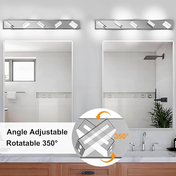 40-Inch 5-Light LED Modern Chrome Bathroom Vanity Light Fixtures Over Mirror, Bathroom Lighting Fixtures with Cool White 6000K, Rotatable Vanity Wall Lights for Bath Restroom Powder Room