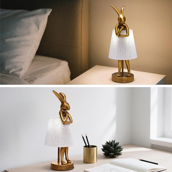 Bunny Cordless Table Lamp with 5000mAh Battery,Rechargeable Resin Rabbit Lamp with Pleated Shade Stepless Dimmable LED Small Cute Animal Light for Kids Room Home Decor Adult Gift(Pattern)