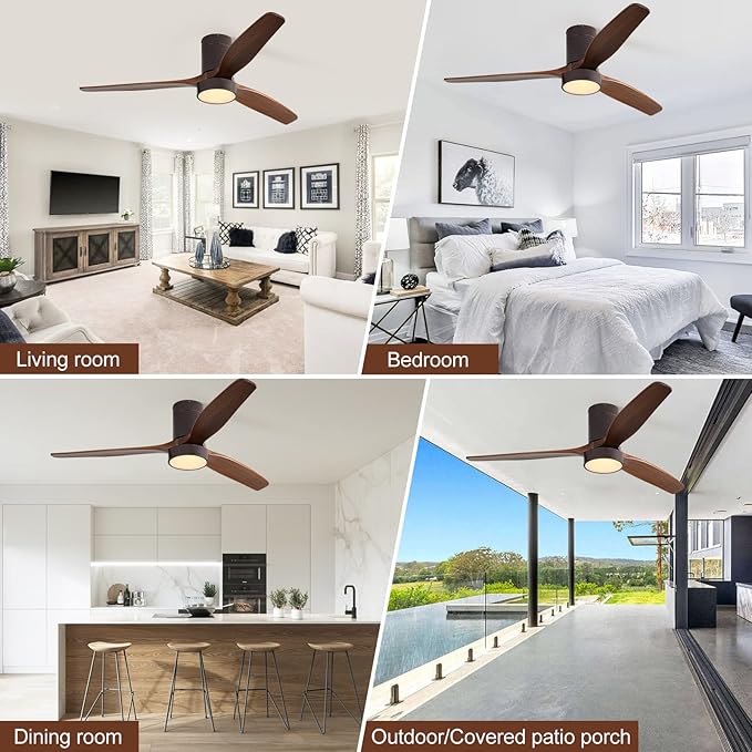 52 Inch Flush Mount Wood Ceiling Fans with Lights Remote Control, Dimmable LED Noiseless Reversible DC Motor,Solid Wood 3 Blade Brown Body