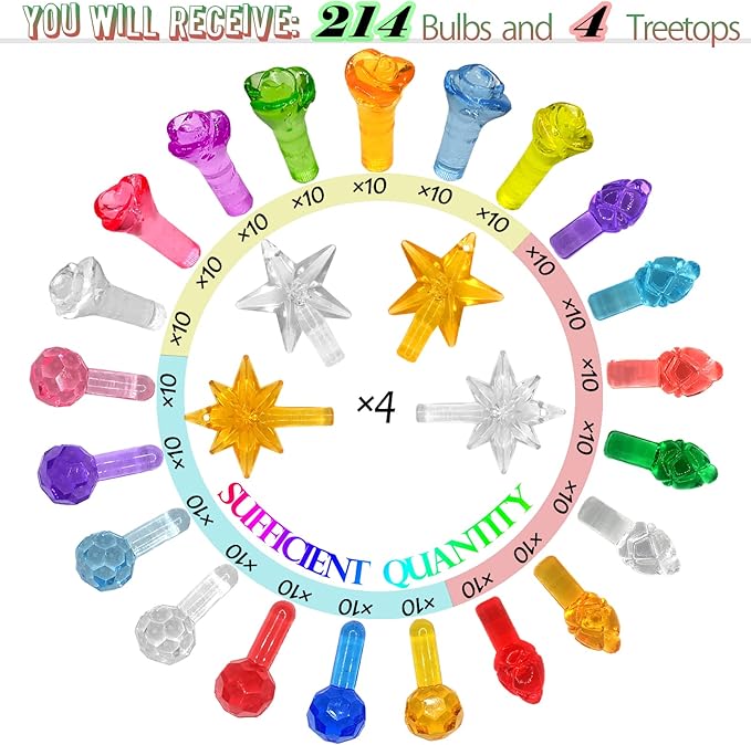 214Pcs Ceramic Christmas Trees Small Replacement Lights Bulbs/Tree Pegs for Decoration Night Lights Including Flame/Round Ball/Rose & 4PCS Modern Star (Pentagram and Heptagram)