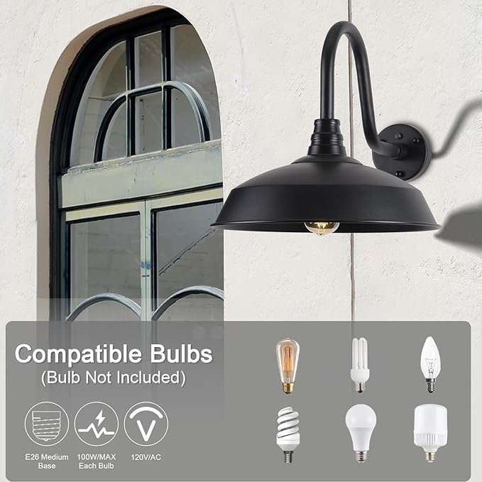 Outdoor Barn Lights with Dusk to Dawn Sensor for Porch, 16in Exterior Light Fixture with Wall Mount, Black Industrial Outdoor Wall Sconces Outside for Barn, Garage, Patio, 2 Pack