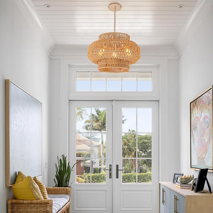 17.7'' Rattan Pendant Light,3-Light Boho Chandelier,Dinning Lighting Fixture Hand Woven Shade Boho Hanging Light Wicker Chandelier for Bedroom Kitchen Island Farmhouse Living Room Light Fixture