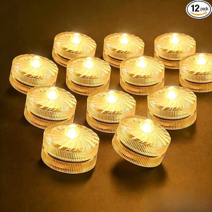 HL Submersible LED Light,Amber Mini LED Light,100 Hours Waterproof Flameless Led Lights Battery Powered for Wedding Home Vase Festival Party Decoration 12pcs (Built-in 24 Batteries)