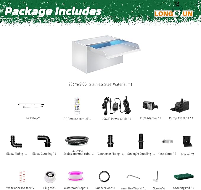 Longrun Pond Waterfall Box with Pump Kit, 304 Stainless Steel Pond Spillway with 396 GPH 1500L/H Pump for Ponds, Pond Spillway Color-Changing LED Light Strip for Garden Waterfall (9.06")