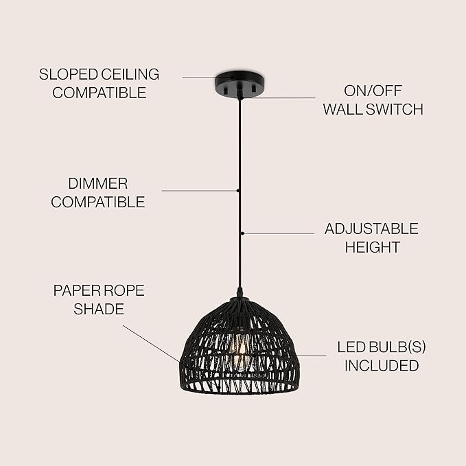 JONATHAN Y 10.25" Black Modern Bohemian Woven Rope LED Pendant Light Fixture, Adjustable Dome Ceiling Lamp for Kitchen Island, Rope Shade, Coastal Farmhouse Decor (JYL6513B)