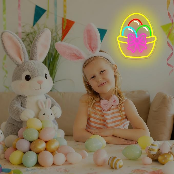 Easter Neon Sign Egg Basket LED Sign for Wall Decor USB Eggs Light Sign for Bar Kitchen Bedroom Easter Decorations Neon Wall Art Light Up Basket Sign for Wall Table Window Festive Decoration Gifts for Family Friends