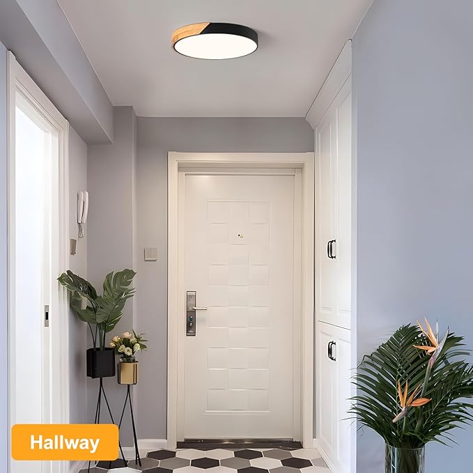 Vikaey Modern LED Ceiling Light, Minimalist Wood Flush Mount Ceiling Light Fixture, 4000K Not Dimmable, Circle Lighting Lamp with Acrylic Lampshade for Bedroom Dining Room Laundry (Black,15.8")