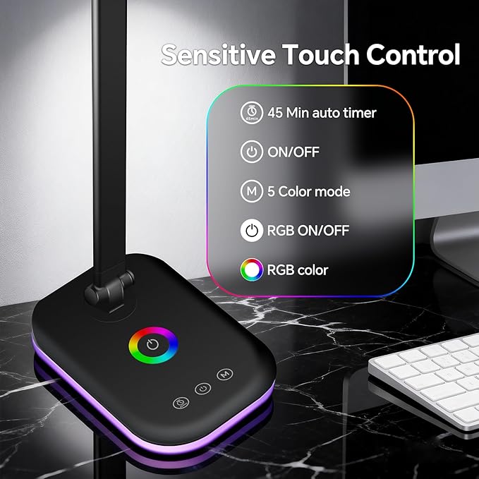 Bright LED Desk Lamp for Office Home, 10%-100% Stepless Dimmable & 5 Color Temperatures, Eye Caring Desk Light for Office, Study, Craft, Puzzle, Nail, Sewing | USB Charging | 45 Min Timer | RGB