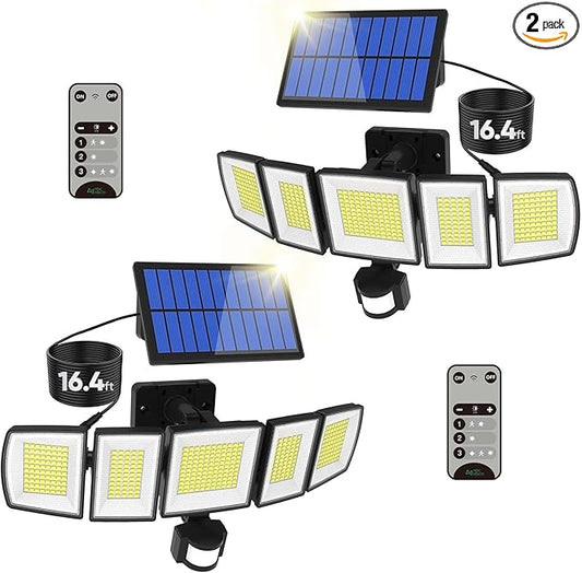 Solar Motion Lights Outdoor - With 16.4ft Cable, 3000LM Ultra-Bright LED Security Lights for Outside Dusk to Dawn, 2400mAh IP65 Waterproof Flood Lights with Remote for Court Yard Garage Front Door