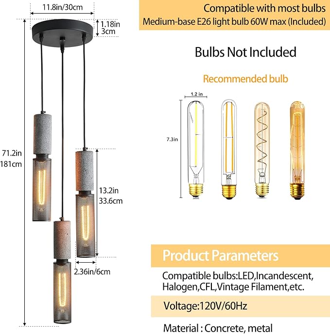 3-Light Concrete Linear Pendant Light with a Metal Mesh Shade,Modern Industrial Hanging Cement Pendant Lighting for Kitchen Island Bedroom Living Room Dining Room Light Fixture