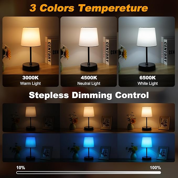 Ascher Small Bedside Table lamp, RGB Color Changing Lamps, 3 Color Temperatures, Dimmable Nightstand Lamp with USB C+A Ports, Touch Desk Lamp for Bedroom Living Room, H11.4in(Cream Shade)