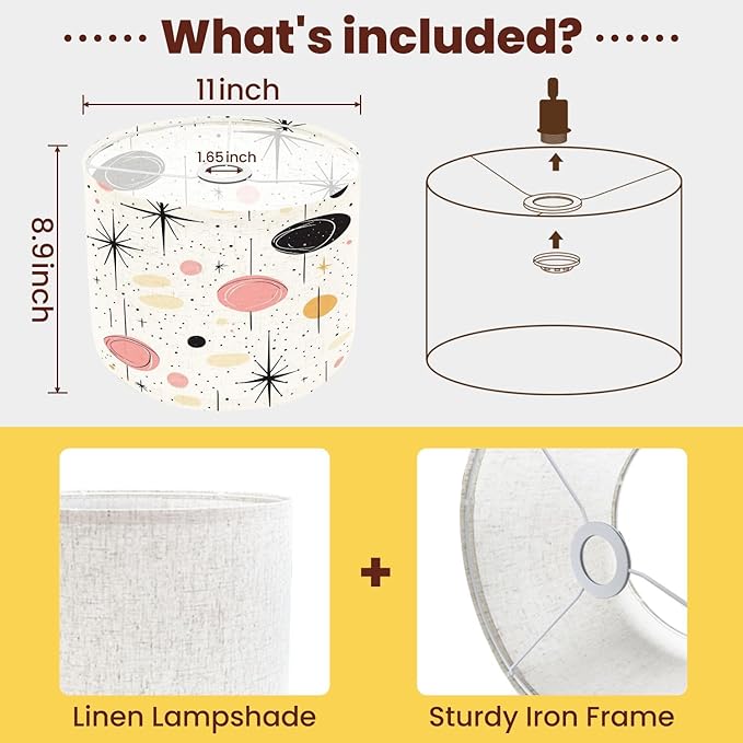 Drum Lamp Shade Atomic Starbursts Mid Century Modern Sputnik Palm Springs Stylized Lampshade for Floor Lamps Table Lamps Pendant Light 8.9"x11" Linen Lampshades Replacement Large Lamp Shade