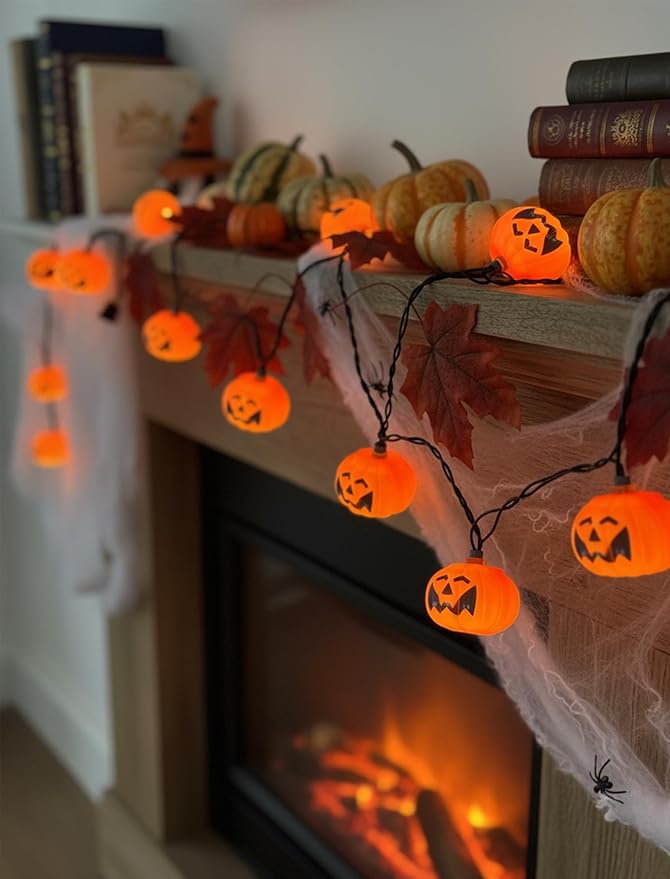 Halloween Pumpkin String Lights Outdoor Indoor, 10FT 12 LED Bat Pumpkin Lights, Waterproof Energy-Saving Halloween Decorations for Porch, Patio, Garden, Party, Trick-or-Treat