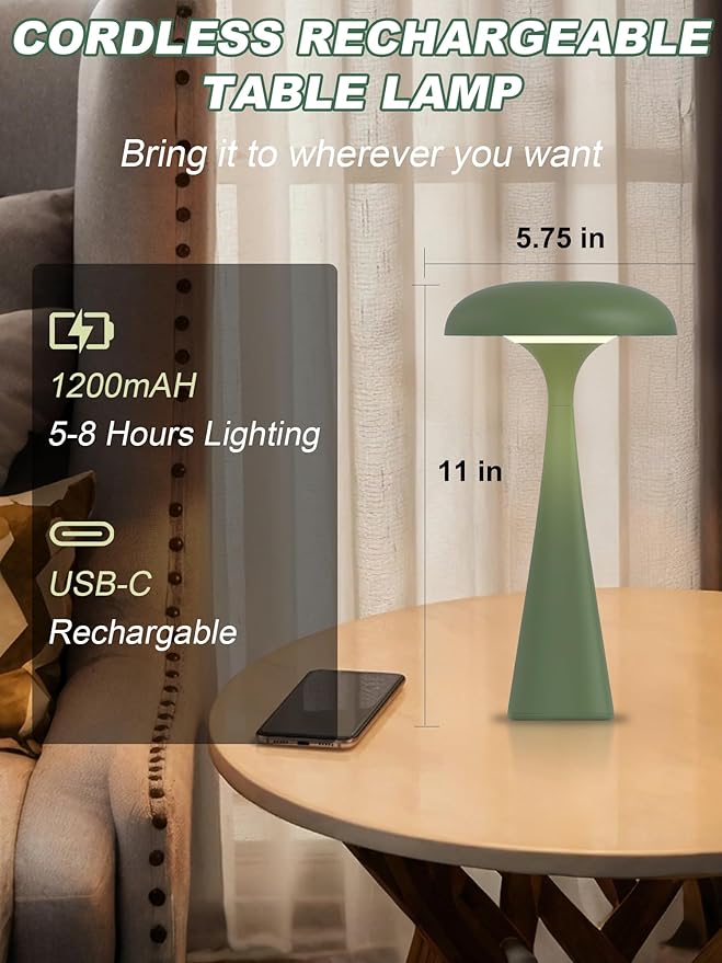 Cordless Table Lamp,Rechargeable Desk Lamp,LED Reading Light with 3 Colors,Mushroom Lamp with Touch & Dimmable,Bedside Lamps for Bedroom Living Room Dorm Decor(Green)