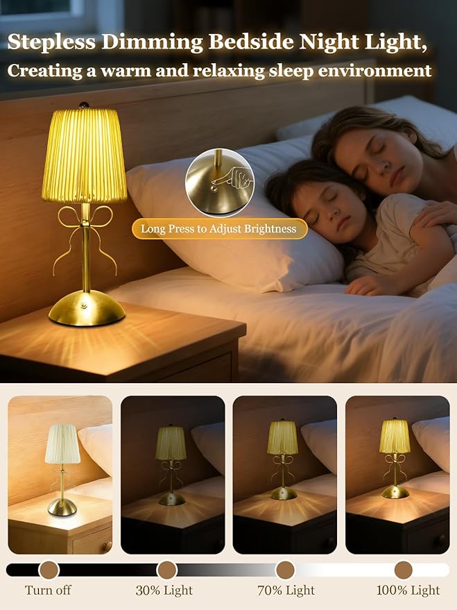 Boho Bow Rattan Table Lamp, Cordless Wicker Woven Vintage Table Lamp - LED Rechargeable Touch Control 3 Color Dimmable Reading Bedside Lamp for Bedroom Living Room Office, Home Outdoor Decor