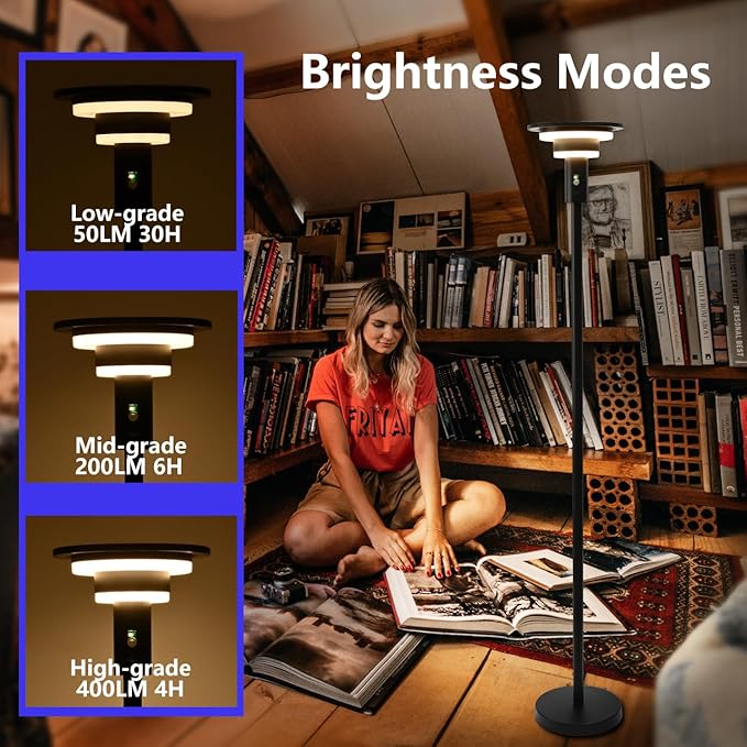 Solar Floor Lamp for Patio Waterproof IP44,Outdoor USB Rechargeable Cordless Floor Lamp with 3 Modes,Height Adjustable,Warm White 3000k Standing Solar Lights for Deck, Porch, Camping