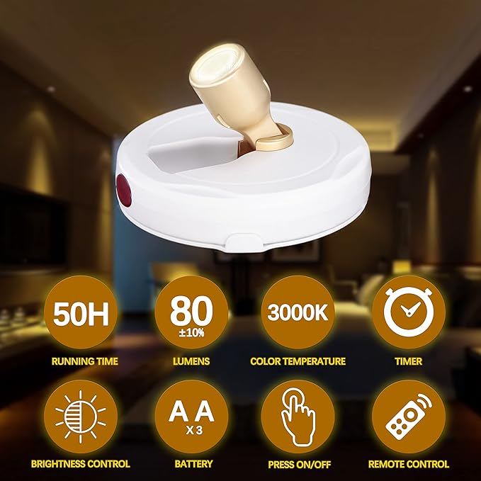 Battery Operated Spotlights, Cordless Picture Light, Dimmable Accent Lighting, Wireless LED Puck Lights, Stick on Lights with Remote for Plant Photo Painting Art Dartboard Portrait