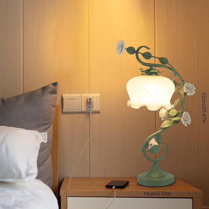 Flower Desk Lamp, E26 Glass Table Lamp Reading Light for Small Space Bedroom Home Office, Bedside Lamp with Soft Light, Applicable 3-5m² Area (Green, 5.5" W x 20.4" H)