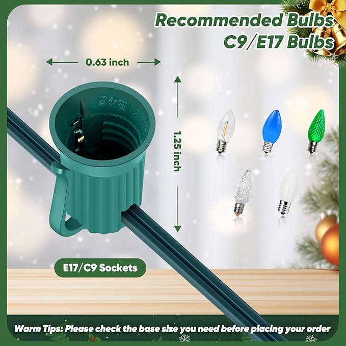BesLowe Commercial 1000 FT C9 Cut to Length Christmas Lights Outdoor，E17 Sockets C9 Stringer Christmas Light Spool, C9 Sockets Patio String Light Strands, 12 Spacing Green Wire Christmas Lights