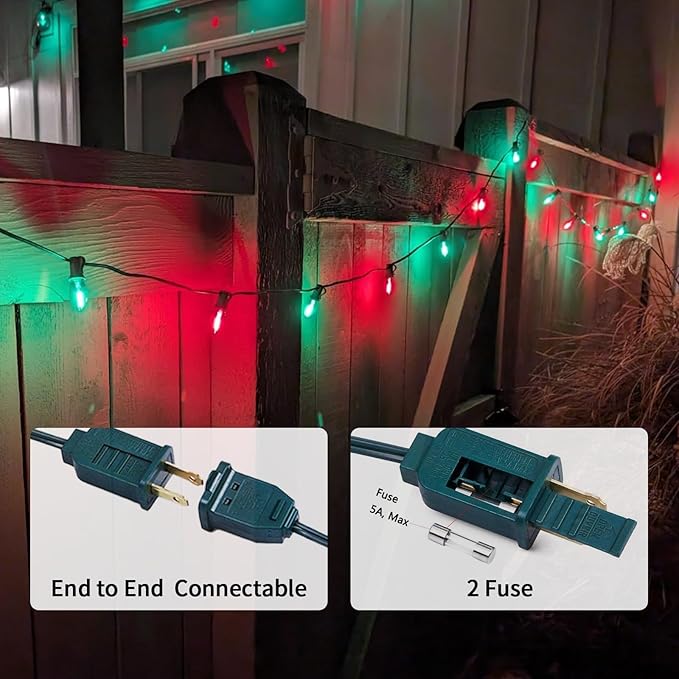 25FT C7 Christmas Lights Outdoor, Red Green Classic 2-Color LED String Lights for Roof, Fence, Tree, Traditional Holiday Decor