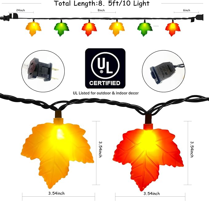 Fall Decorations Maple Leaf Lights, 8.5Ft Thanksgiving Decorations String Lights Outdoor with 10 LED Multicolor Maple Leaves Light, Plug in Fall Leaf Fairy Lights for Home Garland Window Harvest Party