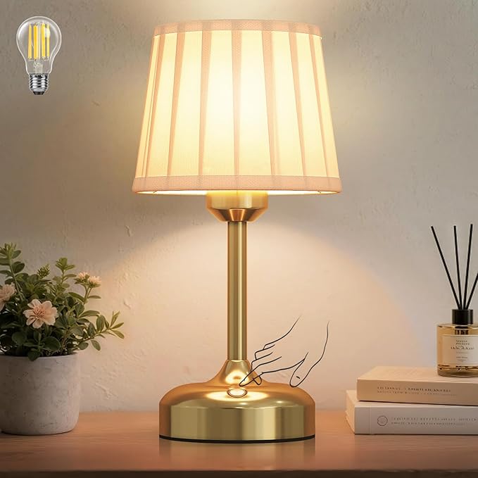 Mini Cordless Table Lamp, Small Table Lamp 5000mAh Rechargeable Table Lamp Battery Operated Touch Lamp Fabric Shade Stepless Dimmable Bedside Lamps for Bedroom, Living Room, Dining Room