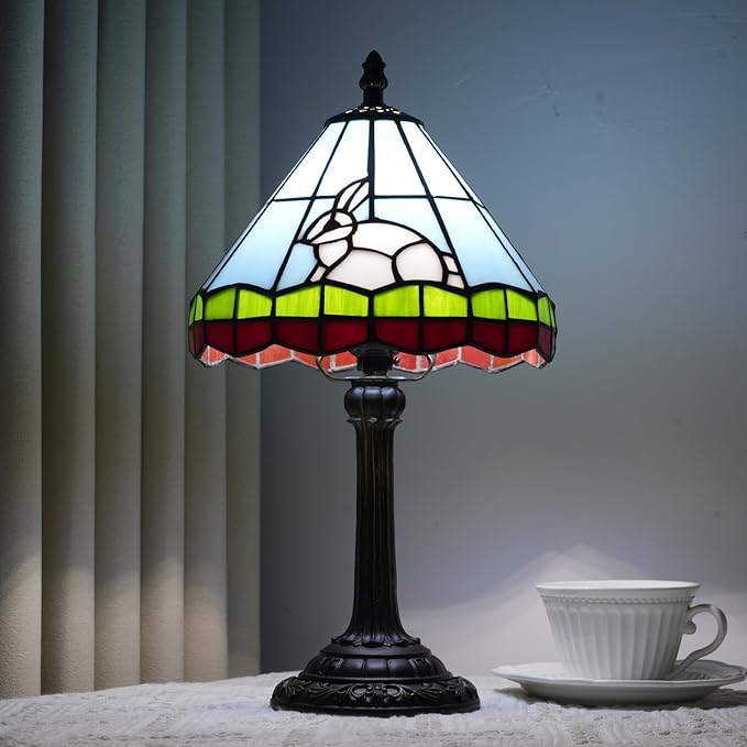 Tiffany lamp 8 inch Small Stained Glass lamp Fairy Tale White Rabbit Bedside lamp Suitable for Bedroom Dormitory Dining Room Living Room Tiffany Style Retro Home Decoration Children's Gift