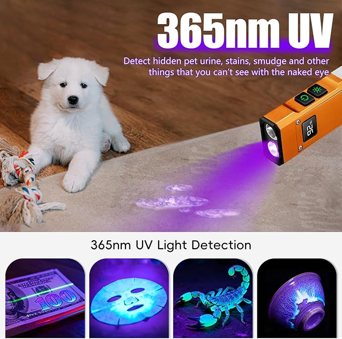 Rechargeable EDC Flashlight, 1800 Lumens Flat Flashlight 9 Mode with White LED/UV/RGB Modes, Magnetic Clip-on Pocket Flash Lights for Camping, Emergency, Repair, Pet Urine Detection, Working - Orange