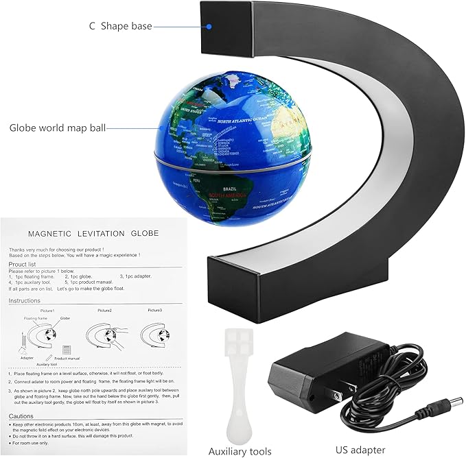 REHAVE Novelty Gifts for Kids, Boys, Girls, Birthday Gift for Men, Gifts for Boss, Boyfriend, Graduation Gift for Him, Magnetic Levitation Floating World Map Globe with C Shape Base, With LED Lights