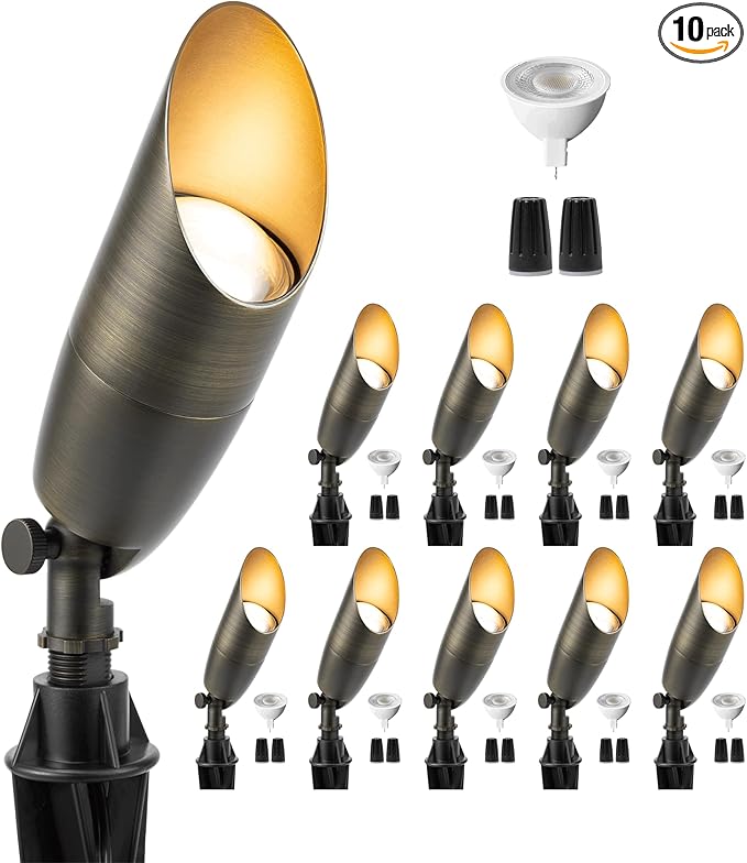 Gardenreet Spotlight Low Voltage LED - 12V Outdoor Ground Spot Light Fixture, Weather Proof Brass Landscape Lights, Hardwired Bronze for Flag Sign with Neutral White MR16 Removable Bulbs (10 Pack)