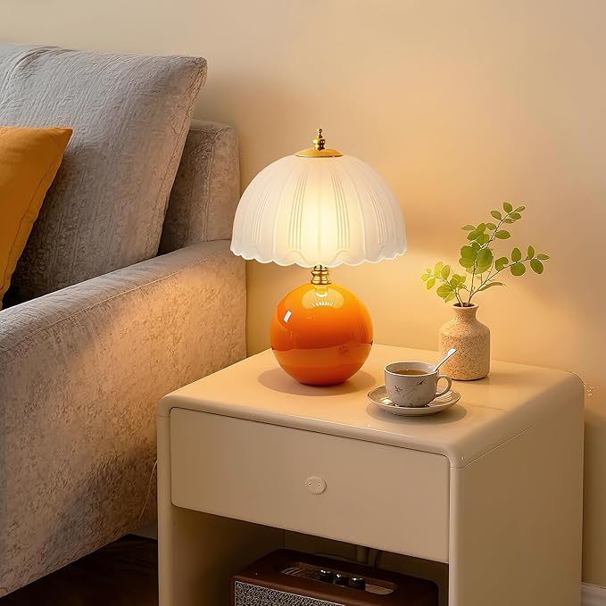 PARTPHONER Mushroom Table Lamp, Ceramic Bedside Lamp with Glass Shade, 3-Way Lighting (2700K-5000K) Rocker Switch, Small Nightstand Lamp for Bedroom, Living Room, Office, Orange