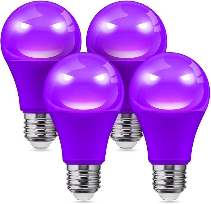 L LOHAS LED Halloween Purple LED Light Bulbs Outdoor, A19 9W(60W Equivalent) Purple Colored Light Bulb, E26 Base, Non-Dim, 4-Pack