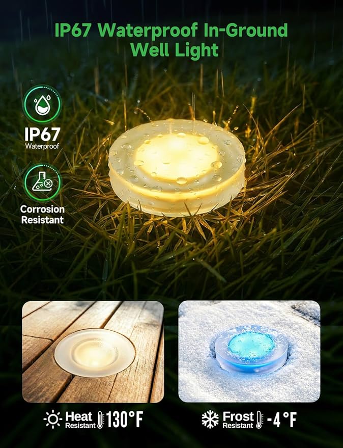 RGBW Deck Lights 6 Pack, Mini 3W 12V Low Voltage In-Ground Well Lights, LED Landscape Lighting, Warm White & 16 Colors, IP67 Waterproof Recessed Stainless Steel Acrylic Design for Stairs