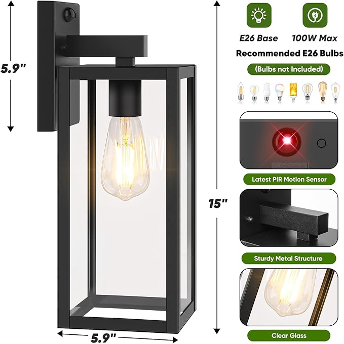 BesLowe Upgraded Motion Sensor Outdoor Wall Lights, 15” Dusk to Dawn Porch Lights Outdoor Wall Sconce Lanterns, 3 Lighting Modes Exterior Lighting Fixtures, Black Outside Lights for House, 2-Pack