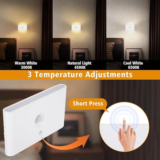 Motion Sensor Night Light, Rechargeable Battery Night Light, 3000K-6500K Magnetic/Stick-on Closet Lights, Dimmable Stair Lights for Bedroom Kitchen Hallway Stairs (2 Pack)