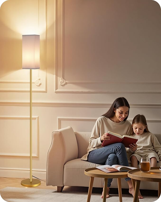 64.2” Dimmable Floor Lamp for Living Room with Remote and Foot Switch, Corner Floor Lamp for Bedroom, Includes 10W A19 Bulb, Modern Standing Tall Lamp, ETL Listed, White and Gold DCW17LD05
