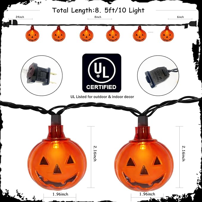 Halloween Led Pumpkin Lights Outdoor 8.5Ft Halloween Decorations Lights with 10 LED Clear Orange Pumpkin Light Waterproof, Plug in Pumpkin String Light for Indoor Party Patio Window Garden Home Decor