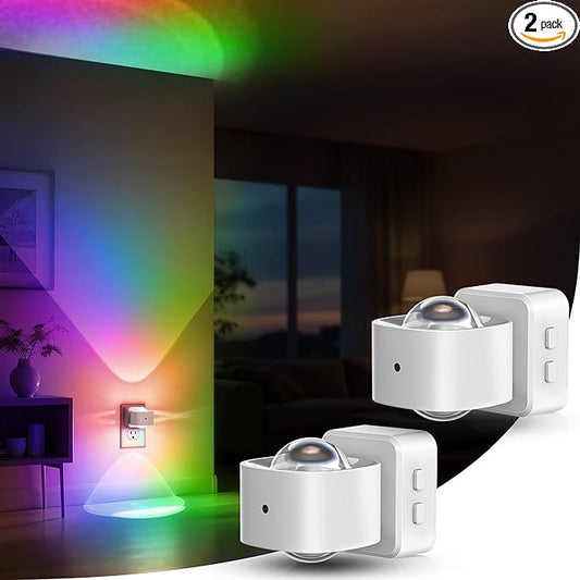 Briignite Night Light Projector, RGB Color Changing Night Light for Kids, 180° Rotating Night Lights Plug into Wall, Dusk to Dawn Sensor, RGB Ambient Lighting for Gaming Room Gifts, White, 2 Pack